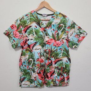 Vintage Tropical Flamingo Scrubs Top Green/Pink